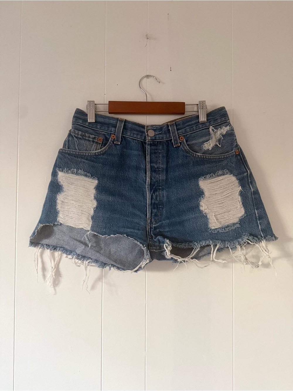 Levi's Medium Blue Distressed High-Rise Denim Shorts